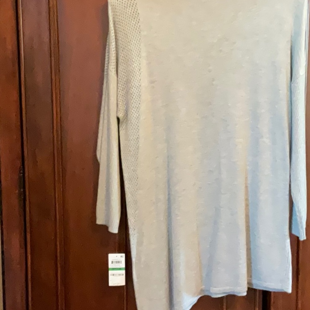 INC fancy sweater, angled bottom, netted sleeve, light gray, PL, NWT - Picture 7 of 12